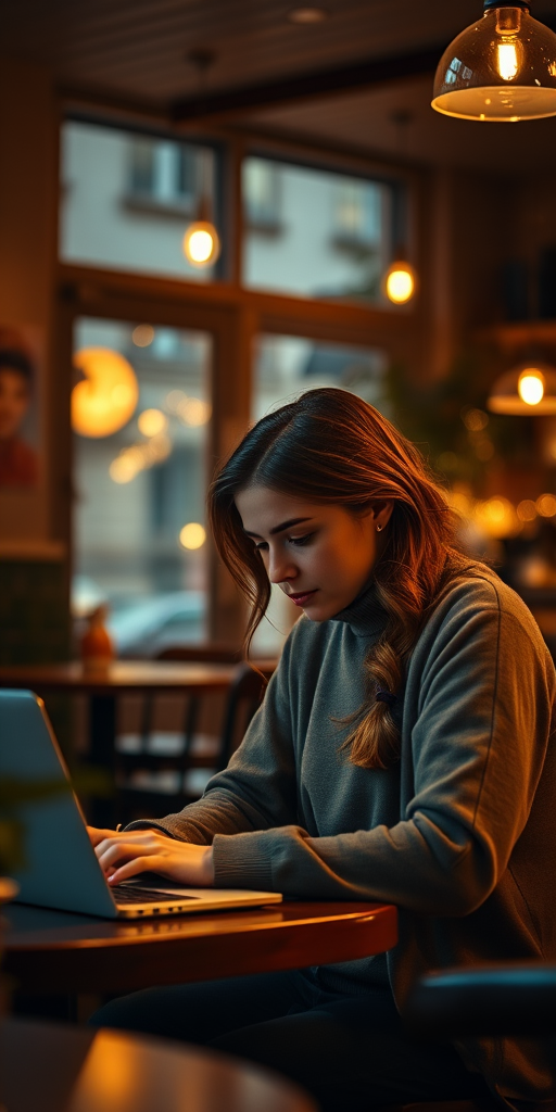 portrait of a woman working on a laptop in a cozy cafe during the evening with warm lighting, f/1.8 aperture, ISO 400, 50mm lens, shallow depth of field, Canon EOS R5