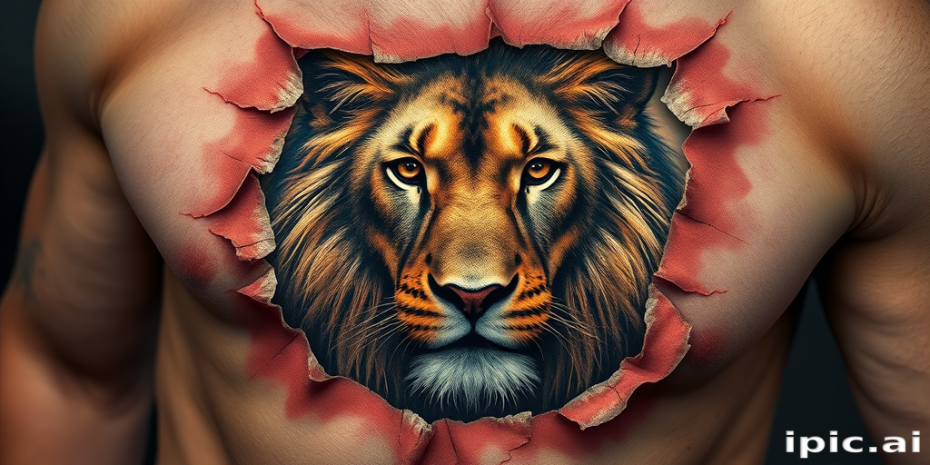 Realistic 3D tattoo called "Living Canvas" featuring a hyper-realistic portrait of a majestic lion emerging from a torn piece of skin, creating the illusion of depth and dimensionality, with intricate details such as individual fur strands and lifelike eyes that seem to follow the observer, ideal for those seeking a bold and awe-inspiring piece of body art.