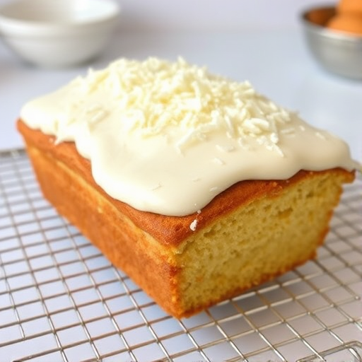 A freshly baked coconut loaf cake with a smooth white frosting topped with shredded coconut sitting on a wire cooling rack with a light background and a hint of kitchen items in the scene.