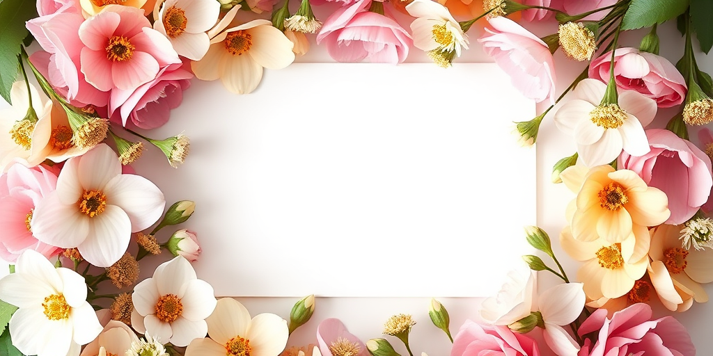 Create a floral frame design featuring soft pastel colors with a white rectangular center, using a macro lens, 50mm aperture at f/2.8, soft natural lighting, shot from a slightly elevated angle with a DSLR camera for enhanced details and clarity.