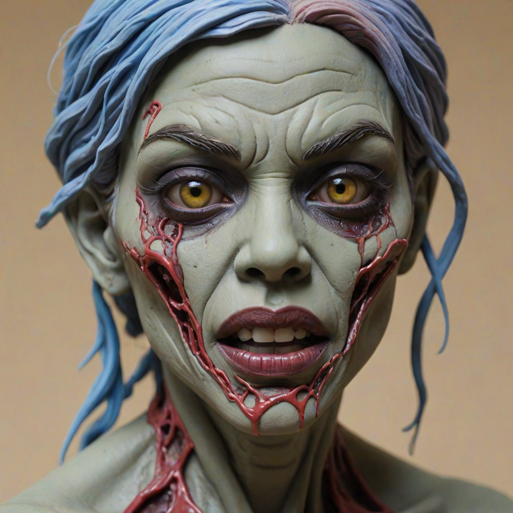 (perspective) of A creepy (ethnicity) zombie cyborg with (descriptive color) skin, (color) lipstick (color) liquid flowing from her eyes and mouth, (perspective two) portrait, (camera angle), extremely detailed, (art style) in the style of Yoshitaka Amano and Tetsuo Hara. --ar 85:128 --style raw --niji 6