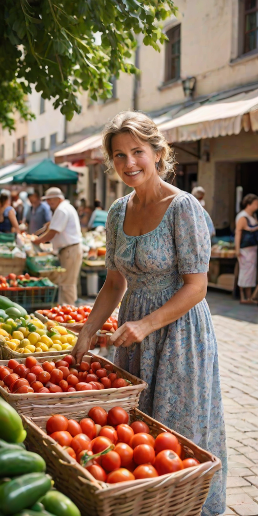 Charming market square in a small town, with colorful stalls selling fresh produce, a woman in a summer dress picks out ripe tomatoes, her basket already filled with local goods.