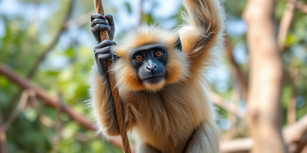 Capture a high-resolution image of a gibbon swinging on a rope in a natural environment, using a DSLR camera with a 200mm lens, aperture set to f/4, ISO 400, shutter speed 1/1000s, at eye level to focus on the gibbon's expressive face and dynamic pose.