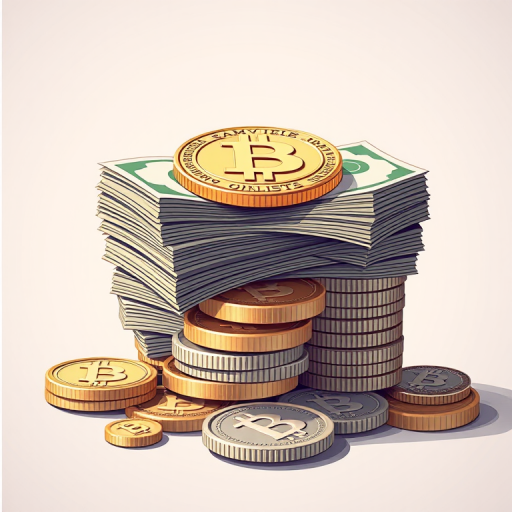 Create an illustration of a stack of money and coins representing a cryptocurrency, using a DSLR camera setting with a focal length of 50mm, aperture set to f/2.8, ISO 100, in a soft focus style, with bright, even lighting for enhanced image quality.