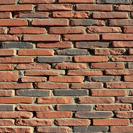 Create a high-resolution texture of a weathered brick wall with a mix of red and black bricks, emphasizing the rough surface and detailed imperfections, using a DSLR camera at f/8 aperture, ISO 100, 50mm lens, and natural light from a side source to enhance shadows and highlights.
