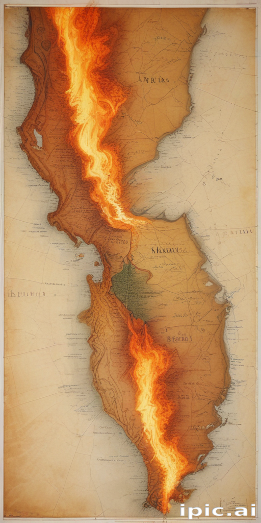 Illustrative Map Depicting a Volcanic Eruption Along a Mountain Range