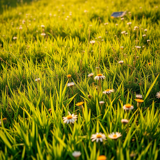 Generate a vibrant meadow scene with lush green grass and scattered wildflowers, captured with a DSLR camera at f/8 aperture, ISO 200, 1/250s shutter speed, wide-angle lens, in natural light, during golden hour for enhanced colors and depth.