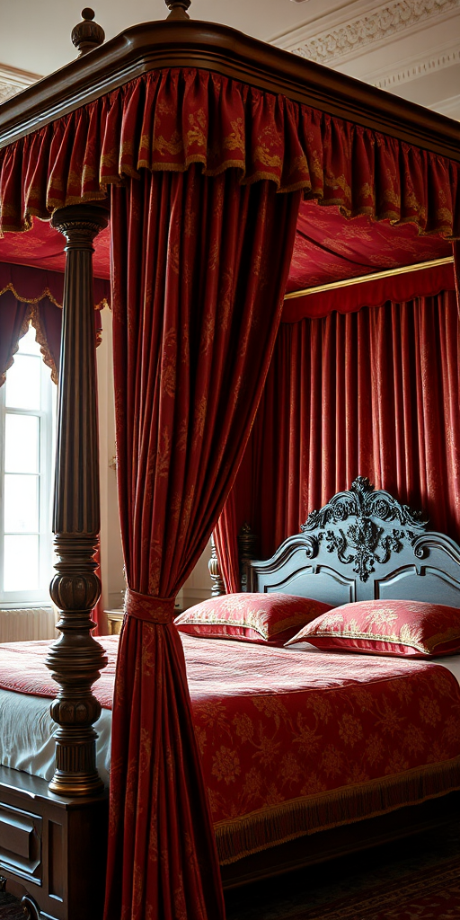 vintage four-poster bed with rich red and gold patterned drapes, interior lighting softly highlighting the wood details, taken with a DSLR camera using a 35mm lens at f/2.8, ISO 100, natural light, shot from a low angle to emphasize height and elegance