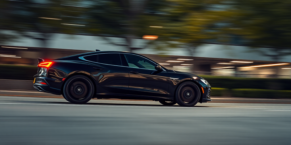 capture a sleek black car in motion with a dynamic blurred background to emphasize speed using a Canon EOS R5, 24mm lens, f/2.8 aperture, 1/200s shutter speed, ISO 400, low-angle shot, and vibrant colors for enhanced quality