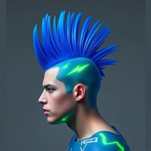 Electric blue mohawk with neon green lightning bolt designs etched into the sides, Volt's hair stands tall and proud, defying gravity and convention with its bold, energetic style