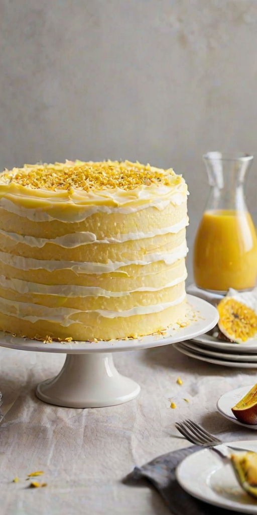 Create an image of a beautifully layered cake with a light yellow frosting. The cake should be decorated with swirls of cream on top and a glossy passion fruit glaze. The sides should be covered in shredded coconut, giving it a textured appearance. Place the cake on a simple white cake stand and add a soft, bright background to enhance its appeal.