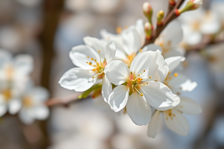 close-up of white cherry blossoms with soft focus background, natural light, aperture f/2.8, shutter speed 1/200s, ISO 100, macro lens, DSLR camera, shallow depth of field