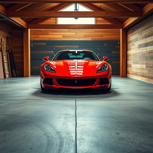 Regenerate the image of a red sports car parked in a modern garage with wooden walls and concrete floor, using a DSLR camera with a 50mm lens at f/1.8, ISO 100, 1/200s shutter speed, in a 3/4 front view, focusing on vibrant colors and sharp details.