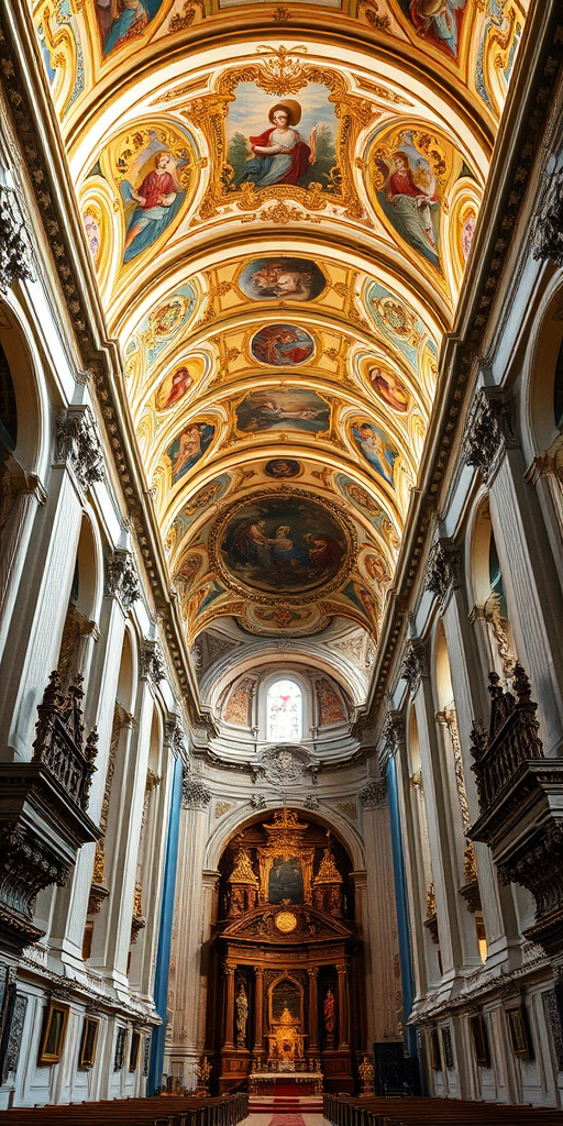 Regenerate an interior view of a grand baroque church with elaborate frescoed ceilings and ornate altars, using a DSLR camera at f/8 aperture, 24mm focal length, ISO 100, natural light, wide-angle view for a vibrant and detailed image.