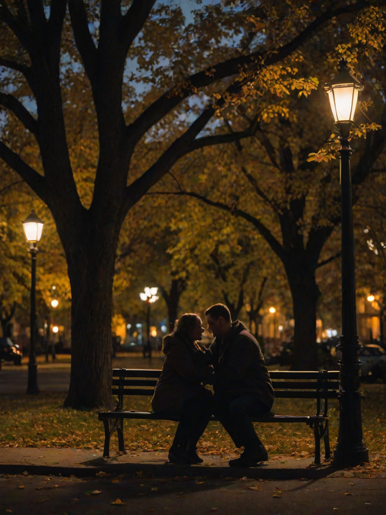 Low-light, candid image of a couple sitting on a park bench at dusk, softly lit by a nearby streetlamp, leaves gently falling around them, their hands intertwined, soft shadows from the trees surrounding them, a distant city skyline barely visible on the horizon.