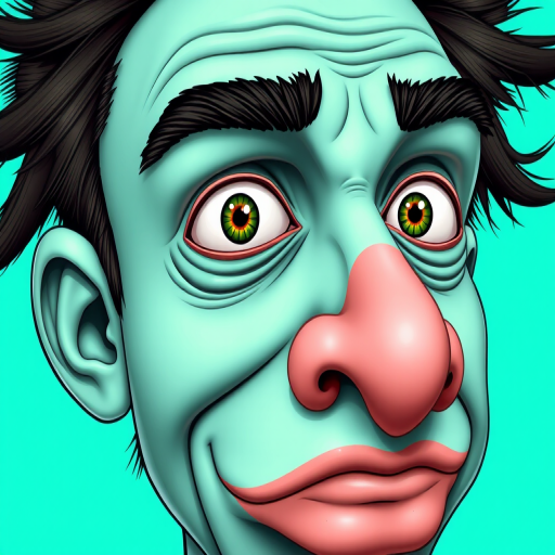 Generate a high-resolution vector illustration of a surreal, cartoon-like face with exaggerated features, using a clean turquoise background, captured with a Canon EOS 5D Mark IV at f/5.6, ISO 100, 50mm lens, in portrait orientation, emphasizing sharp details and vibrant colors.
