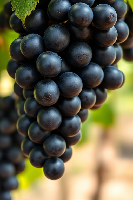 Close-up shot of ripe black grapes hanging from a vine, natural lighting, aperture f/2.8, ISO 100, 50mm lens, DSLR camera, shallow depth of field for a blurred background.
