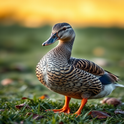 Generate a detailed illustration of a duck standing on grass with intricate feather patterns, using a DSLR camera set to f/8 aperture, ISO 100, and a shutter speed of 1/250s, in a macro view with a soft focus background to enhance richness and depth.
