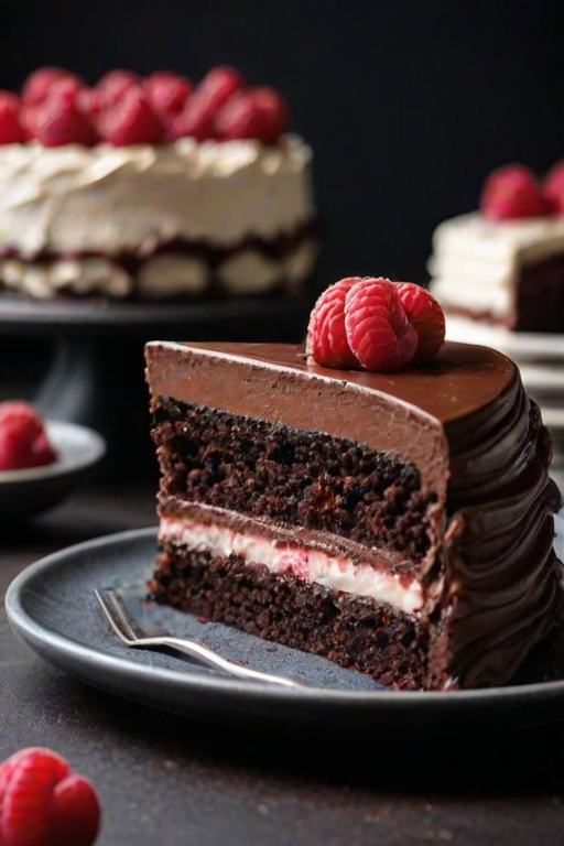 Generate an image of a decadent chocolate cake slice on a dark plate. The cake has multiple layers featuring rich chocolate, creamy mousse, and a light frosting. Top it with fresh raspberries and chocolate decorations. The background should be softly blurred with dark tones to enhance the focus on the cake.