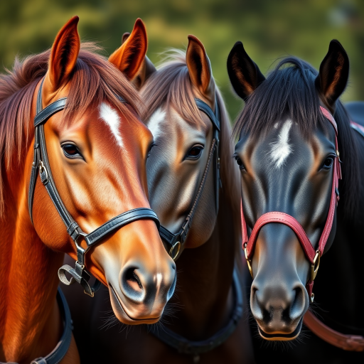Create a hyper-realistic image of three horses' heads in a row, showcasing a chestnut, a gray, and a black horse, with intricate details in their fur and saddles, soft natural lighting, shallow depth of field, 50mm lens, f/2.8 aperture, ISO 100, using a DSLR camera for a vibrant and sharp focus on the horses' features and expressions.