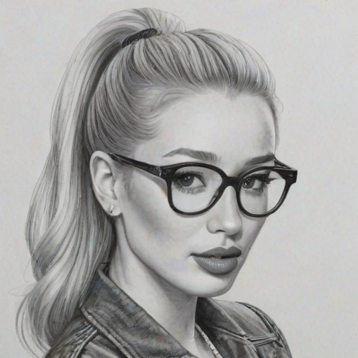 Splendid Iggy Azalea, pencil sketch, portrait of Charming woman 1979s in glasses, hair style beatnik, outline, clear lines, fine lines, 8k
