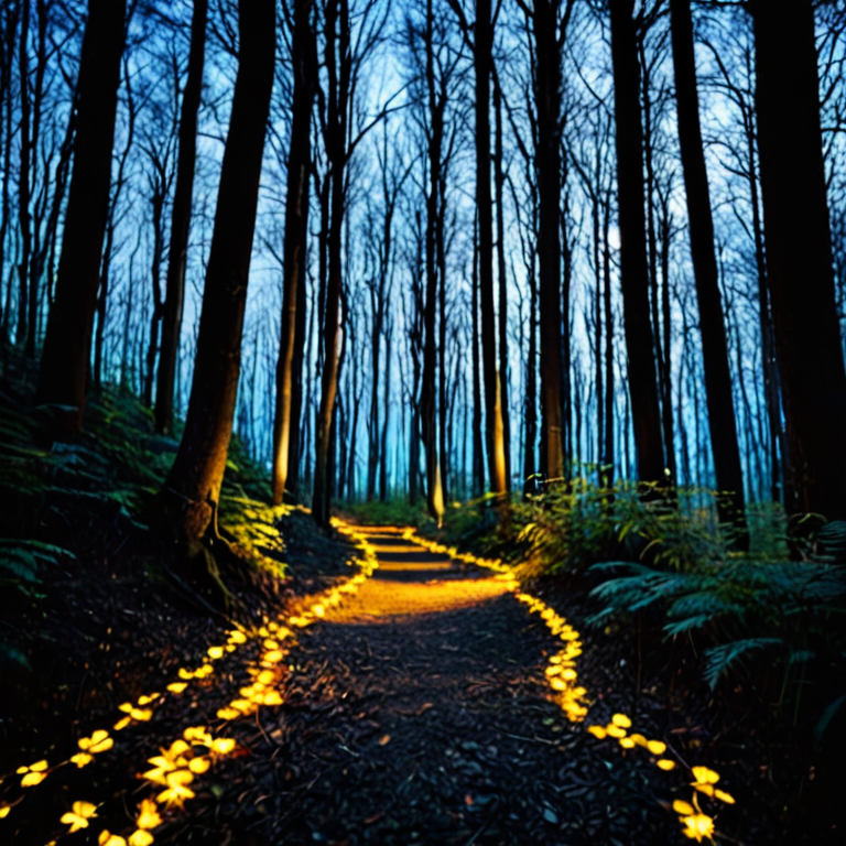 winding path through a dark forest, at night, glowing yellow eyes from ...