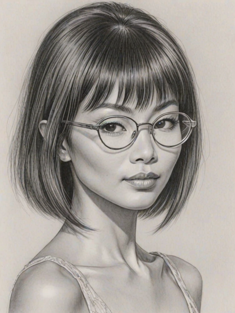 Enchanting Bai Ling, pencil sketch, portrait of Lovely woman 1961s in glasses, hair style beatnik, outline, clear lines, fine lines, 8k