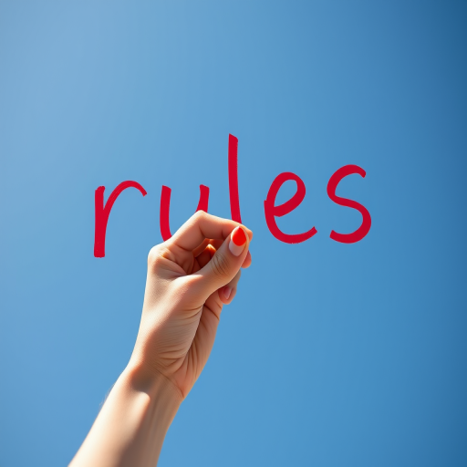 hand holding a red marker writing the word "rules" against a clear blue sky background, shot with a Canon EOS 5D Mark IV, f/2.8 aperture, 1/500 sec shutter speed, 50mm lens, natural light, focus on the hand and marker for clarity
