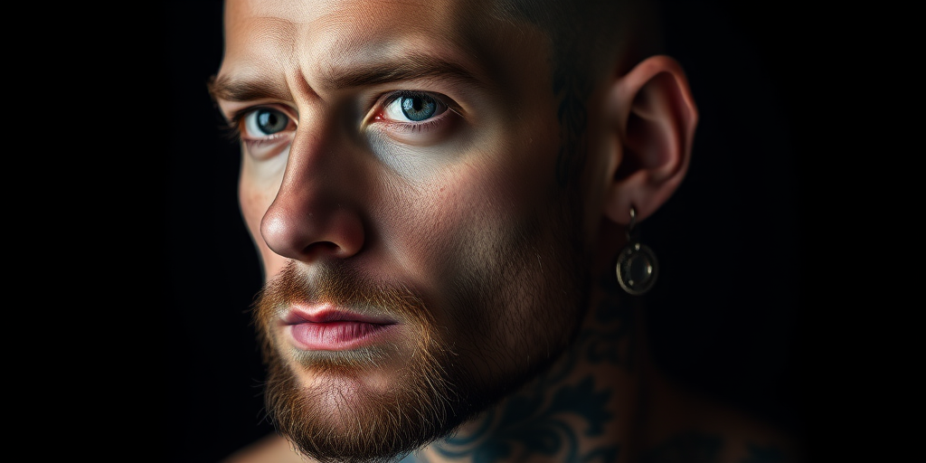 portrait of a tattooed man with intricate facial tattoos and earrings, shallow depth of field, soft lighting, 85mm lens, f/1.8, ISO 100, shot on a DSLR camera, studio setting, black background