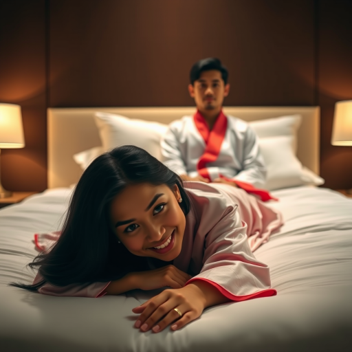 A man and a woman are lying on a bed in a dimly lit bedroom. The woman is in the foreground, lying on her stomach and looking directly at the viewer with a smile. She is wearing a pink silk robe and has long black hair. The man is sitting up in the background, looking directly at the viewer with a neutral expression. He is wearing a white silk robe with a red trim and has short black hair. The bed is white and has a white pillow at the head of the bed. There are two lamps on nightstands on either side of the bed, and the walls are a dark brown. The overall atmosphere is warm and inviting, with a soft focus on the subjects.