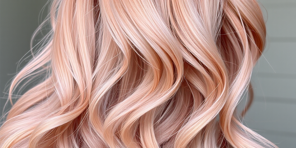 Graceful photograph featuring Rose Gold Mist tresses, a soft pink-tinged metallic hue in long, flowing layers with subtle waves throughout