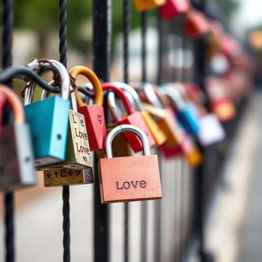 photograph of colorful love padlocks on a fence, shallow depth of field, focus on one padlock in the foreground, soft bokeh background, f/2.8 aperture, 50mm lens, ISO 100, natural daylight, shot with a DSLR camera