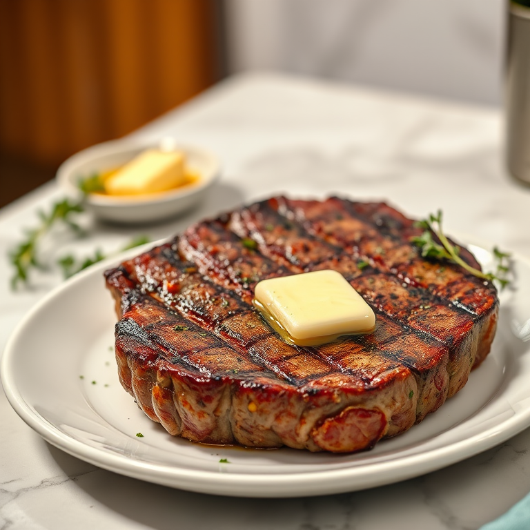 Create an image of a perfectly seared ribeye steak, resting on a white plate with a pat of melting butter on top. The steak is seasoned with fresh herbs like thyme and parsley, with glistening juices highlighting the texture of the meat. The background features a soft focus on a light, marble countertop, with a small dish of butter and an olive oil bottle in the distance. The overall mood should be warm and inviting, capturing the deliciousness and juiciness of the steak.