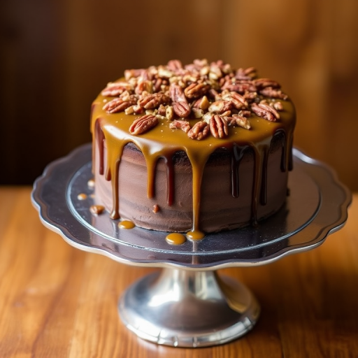 A beautifully decorated chocolate cake topped with caramel sauce and sprinkled with chopped pecans on a silver cake stand against a warm background.