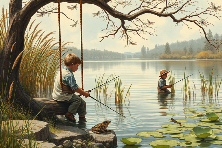 Imagine a small group of old fashioned young boys out fishing by the creek, a swing hanging from a tree branch, reeds and grasses by the water's edge, a frog sitting on a lily pad, dragonflies hovering over som water plans, a very iconic old fashioned scene reminiscent of a Norman Rockwell painting style