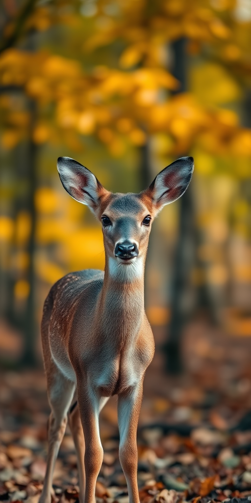 a young deer standing in a forest with autumn leaves, soft focus background, 50mm lens, f/1.8 aperture, ISO 200, natural lighting, shallow depth of field, close-up view, DSLR camera