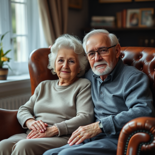 Generate a high-quality portrait of an elderly couple seated in a vintage leather armchair, with soft natural lighting, shot from a slightly elevated angle using a DSLR camera, aperture set to f/2.8 for a shallow depth of field, ISO 100 for clarity, and a focal length of 50mm to enhance detail and color richness.