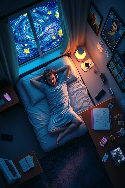 A top-down Van Gogh-style painting of a young man lying on his bed, listening to music with headphones. The room is softly lit with deep blues and purples, creating a peaceful nighttime atmosphere. The bed has a soft pillow, and the man's arms are resting behind his head. Around the bed, various glowing gadgets such as a smartphone, a laptop, and a small lamp are visible, casting a gentle light. The rest of the bedroom includes a desk with books, a chair, and a small rug on the floor. A window near the bed reveals a starry night sky with swirling stars, reminiscent of Van Gogh's 'Starry Night.' On the desk, there is a sketchbook with colorful drawings, a cup of coffee steaming gently, and a small potted plant. The walls have posters of famous paintings and a corkboard with pinned notes and photos. The scene is full of dynamic, swirling brushstrokes, capturing the essence of Van Gogh's unique style. The overall mood is serene and contemplative, with a touch of artistic inspiration.