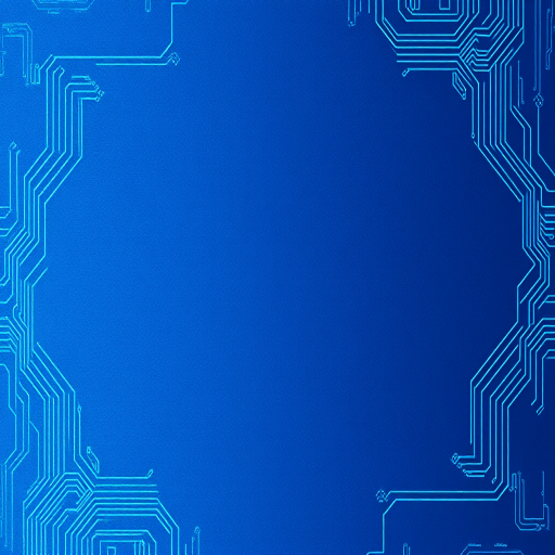 Create a digital abstract background featuring a deep blue canvas with intricate light blue circuitry designs in the corners, using a 50mm lens, f/2.8 aperture, ISO 100, shot from a top-down view, in a high-resolution digital format.