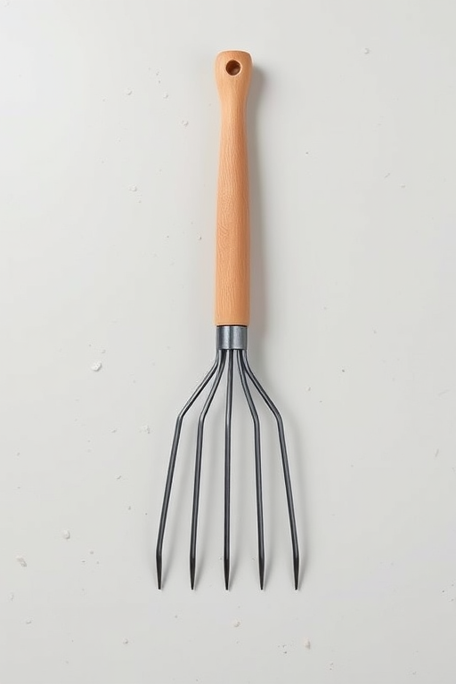 Create a high-resolution image of a garden rake placed on a solid background, shot with a Canon EOS R5, 50mm lens, f/2.8 aperture, ISO 100, 1/200 sec shutter speed, with soft natural lighting to enhance details and colors.