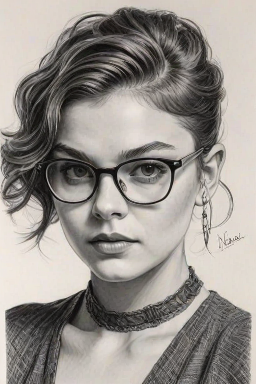 Stunning Camren Bicondova, pencil sketch, portrait of Elegant woman 1956s in glasses, hair style beatnik, outline, clear lines, fine lines, 8k