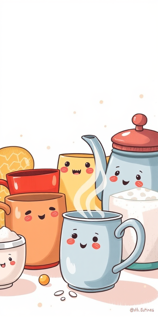 Create a whimsical illustration of kitchen items like mugs, a kettle, and sugar jars with faces and steam rising from them, focusing on a playful and cheerful atmosphere, using a high-resolution digital drawing style with a soft brush effect, captured with a Canon EOS R camera at f/4.0, ISO 200, and a 50mm lens to enhance clarity and detail.