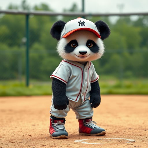This high-resolution photograph captures a teen panda named Huahua,face looks agry, depicted with her distinctive black and white fur, standing ready at a baseball field. Huahua is dressed in a classic baseball uniform, complete with a cap, jersey, pants, and cleats, all in team colors. The uniform is detailed with fine stitching and realistic textures, adding authenticity to her sporty look.