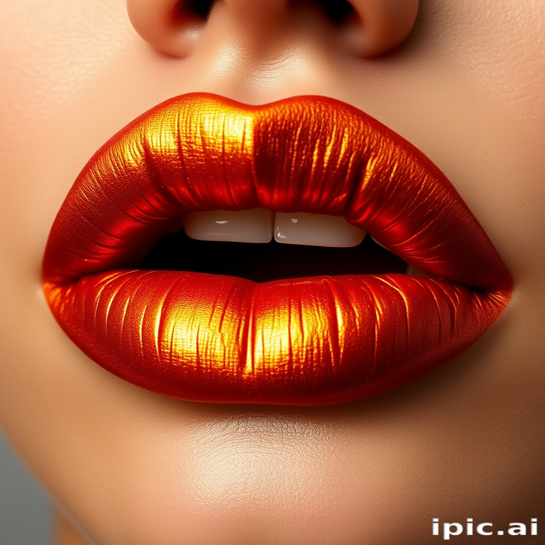 Molten bronze lips with dimensional metallic finish, sculpted and defined shape, warm and rich tones, luxurious Liquid Amber Luxe design