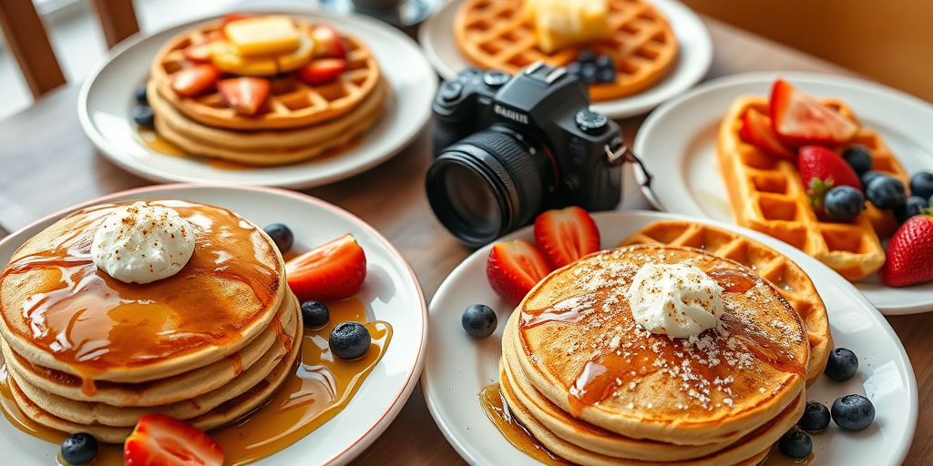 Capture a vibrant, close-up shot of an assortment of plated breakfast dishes featuring pancakes, waffles, and fruit, using a DSLR camera with a 50mm lens, f/2.8 aperture, ISO 200, and natural light to enhance colors and details with a shallow depth of field.