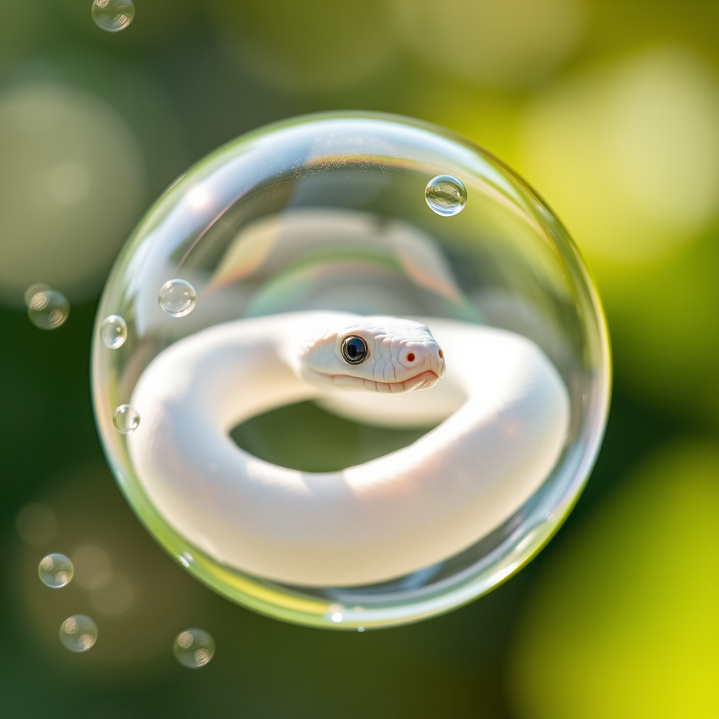 Generate a high-resolution image of a white snake inside a transparent bubble surrounded by sparkling bubbles, using a Canon EOS R5 camera with a 100mm f/2.8 macro lens, aperture set to f/4, ISO 200, and a shallow depth of field, captured in natural lighting with a soft focus background for enhanced detail.