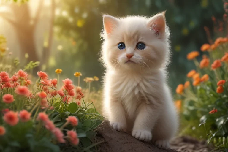 A Cute Fluffy Kitten Sitting Among Colorful Flowers in a Sunny Garden.