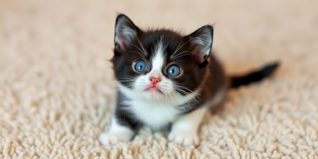 Generate an image of a small black and white kitten with bright blue eyes looking up curiously while sitting on a soft beige carpet. The background should be slightly blurred to emphasize the kitten.