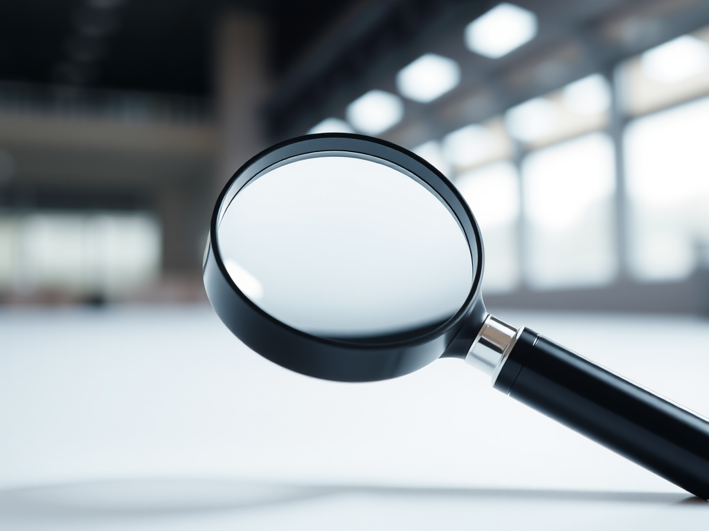 create a high-resolution image of a magnifying glass with a sleek black handle and a glossy glass lens, captured in a well-lit studio environment using a DSLR camera at f/2.8 aperture, ISO 100, 50mm lens, front view, with soft focus background for depth.