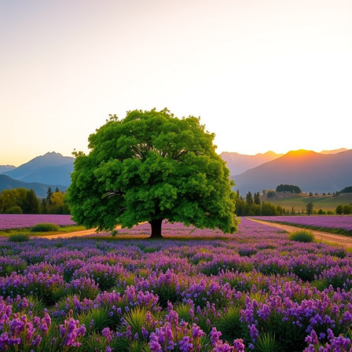 create a vibrant landscape scene featuring a large, lush green tree standing alone in a field of purple flowers with majestic mountains in the background, captured at sunset with a DSLR camera, aperture f/2.8, ISO 100, 24mm focal length, using a wide-angle lens to emphasize depth and clarity.